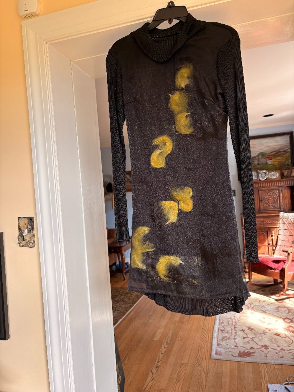 RARE Sue Wong Turtleneck Feathers Sexy Black Sweater Mini Dress